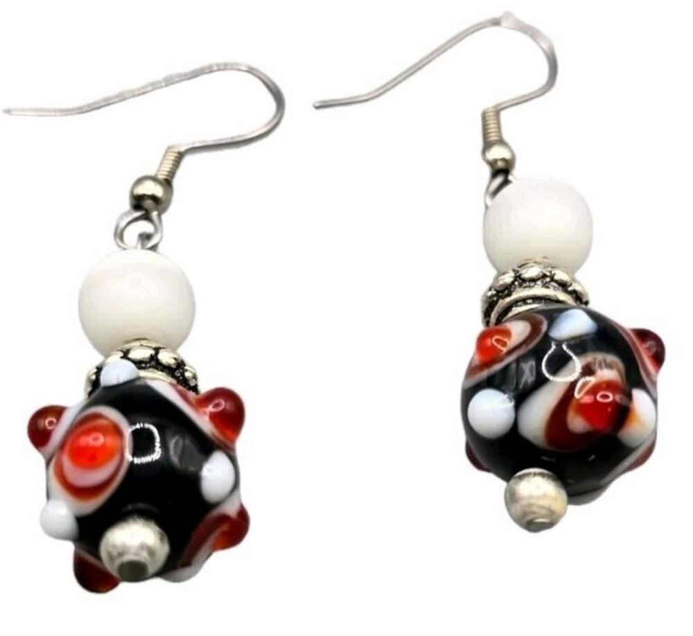 Lampwork Glass Earrings Vintage Pierced Dangle Black Red White Dangle SKU W64
